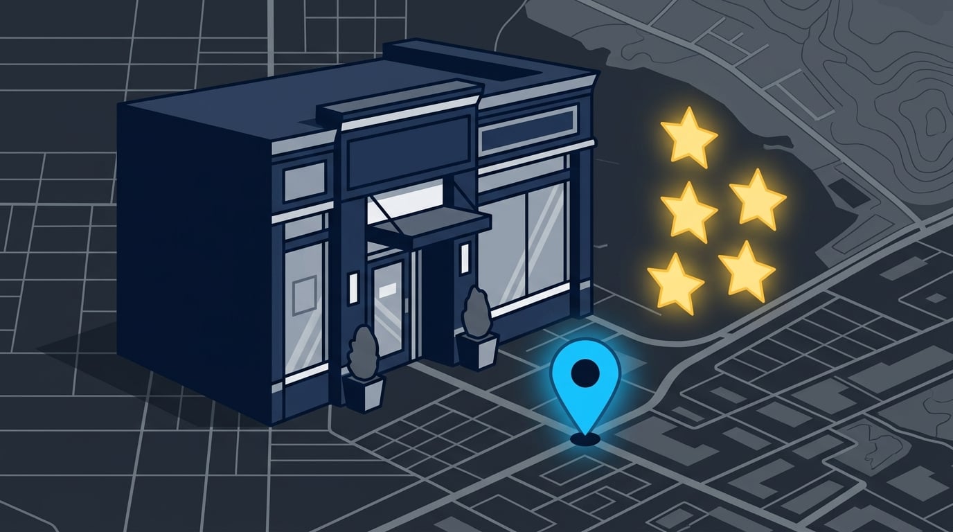 A storefront with five-star ratings and a map pin representing Google Business Profile optimization.