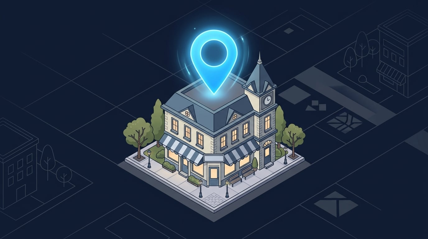 A storefront with a glowing map location pin, representing local SEO visibility.
