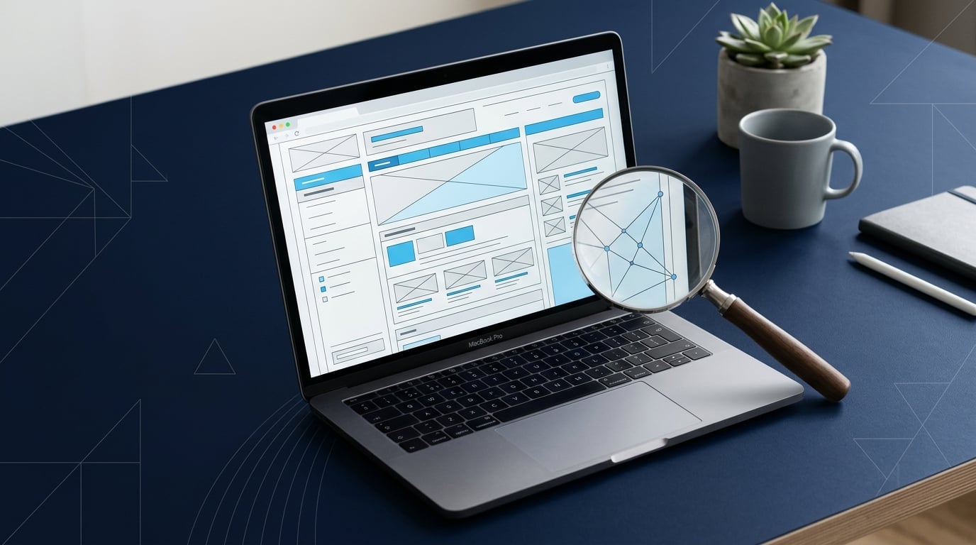 A laptop and magnifying glass examining a website, representing a thorough website audit.